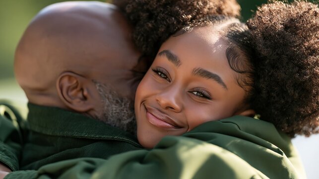 Young woman with an afro hairstyle smiling warmly while embracing an older man in a green shirt