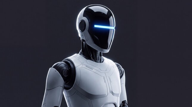 A futuristic white humanoid robot stands against a plain dark gray background in a studio with black visor glowing glowing blue light sleek white