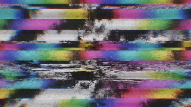 Static distortion progresses across a colorful television screen with horizontal lines interference glitch artifact chromatic vhs retro vintage