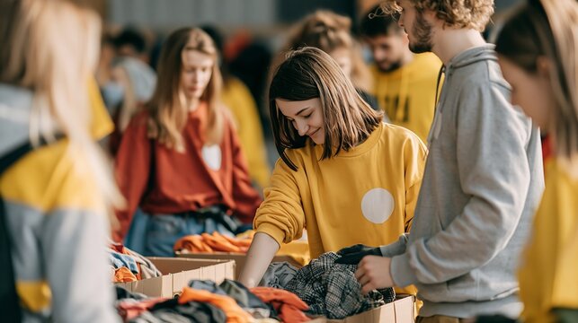 Diverse group of young volunteers sorting donated clothes into cardboard boxes at a community center