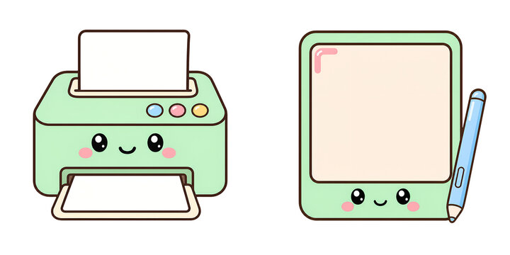 Cute green printer and notebook with blank paper, surrounded by playful pastel design and writing pen