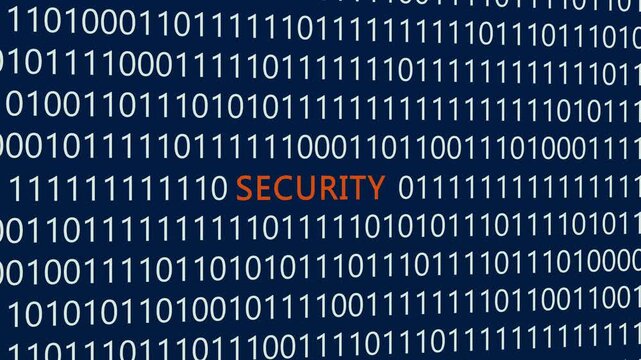 Security text or word with digital binary animation made in After Effects for digital world technology concept, representing cyber protection, data encryption, and system safety measures.
