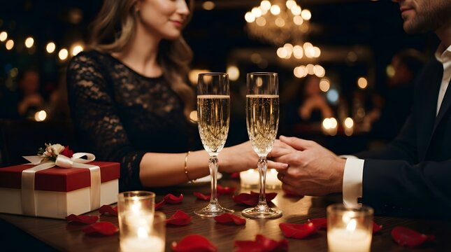 Couple holding hands during a romantic champagne dinner date with a gift box