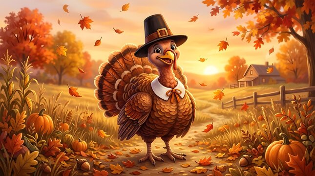 Cute cartoon turkey wearing a pilgrim hat standing in a sunny autumn farm field with pumpkins and falling leaves