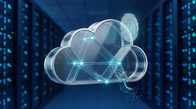 Glass cloud computing icon with integrated fingerprint authentication security symbol floating in dark server room background representing advanced data privacy and identity protection