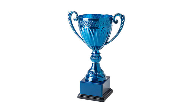 Vibrant blue sporting trophy cup prize award on dark pedestal champion victory symbol