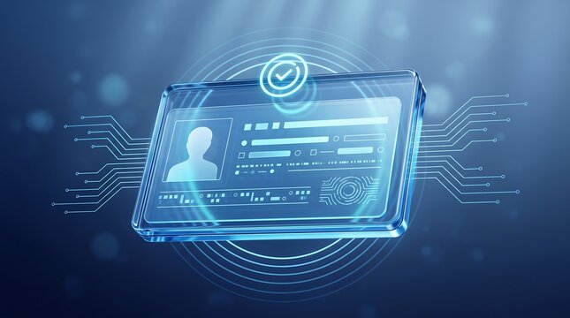 Digital identification card with biometric verification and secure network connectivity nodes representing high-level authentication security for enterprise data protection and identity management
