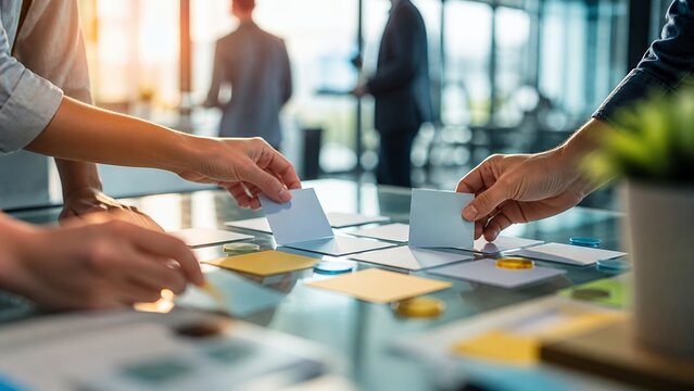 Cropped hands sorting blank idea cards in business workshop
