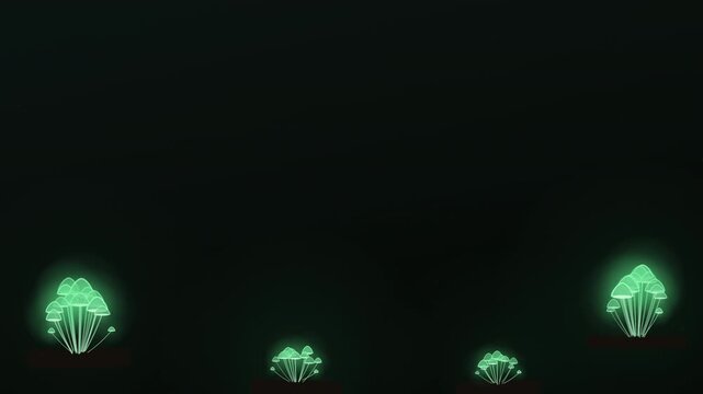 Cluster mushrooms pulsing with green light at night seamless loop