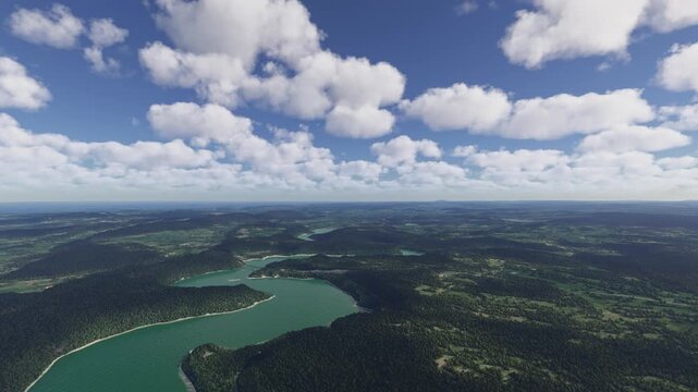 Side aerial view in Vouglans Lake. Orgelet. France