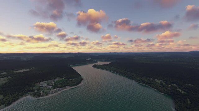 Sunset aerial view in Vouglans Lake. Orgelet. France