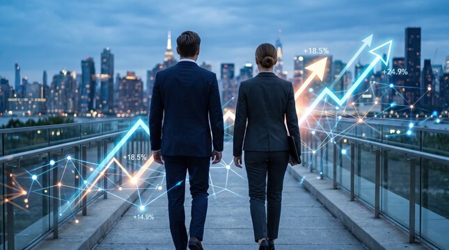Business couple walking towards city skyline at dusk with holographic financial growth charts and arrows overlay, success investment strategy concept, futuristic data visualization