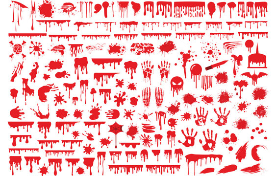 Red Blood Drips Splatters Mega Bundle, Bloody Handprints, Dripping Slime Borders, Horror Knife Stains, Halloween Spooky Paint Splashes Vector Pack