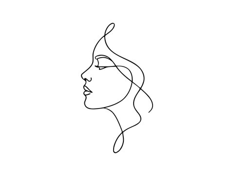 Minimalist continuous line art drawing of a beautiful woman face in profile