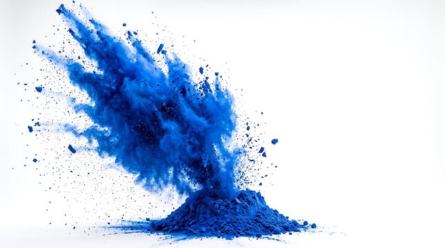 Abstract blue powder paint explosion on white background creating dynamic splash effect.