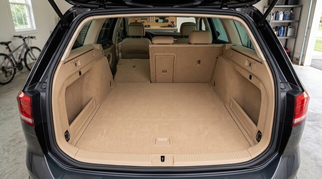 Spacious open car trunk interior with beige carpet lining, folded rear seats for extra cargo space, modern station wagon boot in garage, automotive storage concept