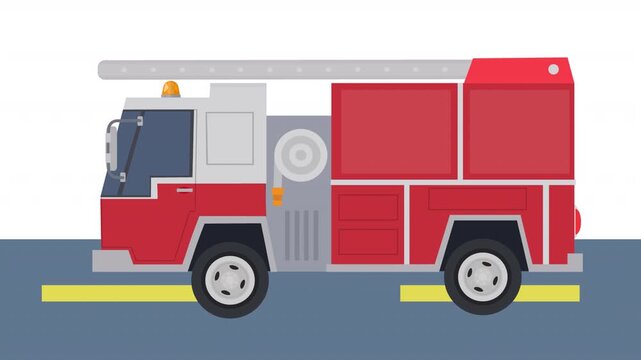 Fire truck on the road. Fire truck animation, alpha channel. Cartoon
