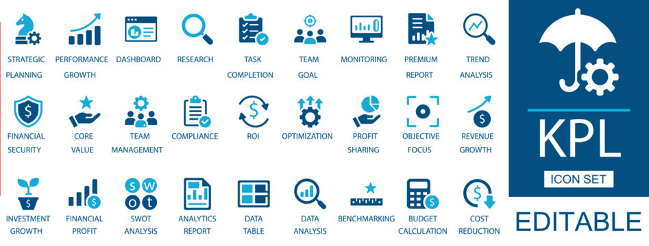 KPI performance solid icon set. Featuring strategic planning, performance growth, dashboard, ROI, and data analysis. Vector icons for business strategy, financial reports, and analytics apps.