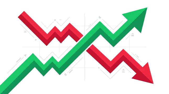 Financial growth and decline represented by intertwined rising and falling arrows