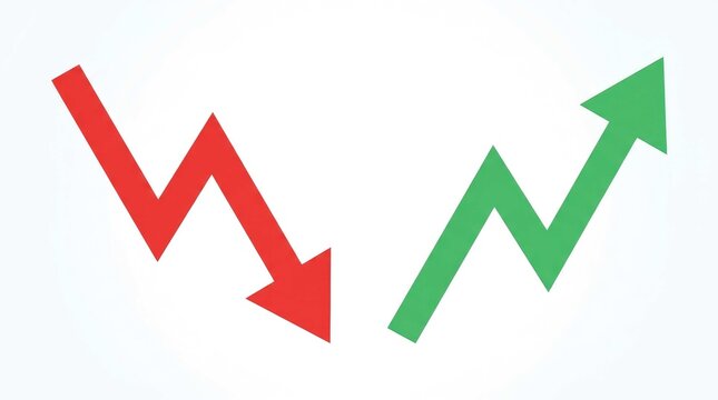 Opposing trends represented by red downward and green upward arrows