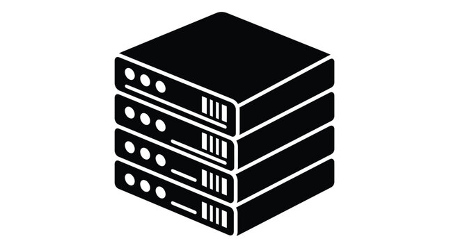Modern computer server rack icon presented in clean bold black silhouette style for professional information technology and digital data networking usage
