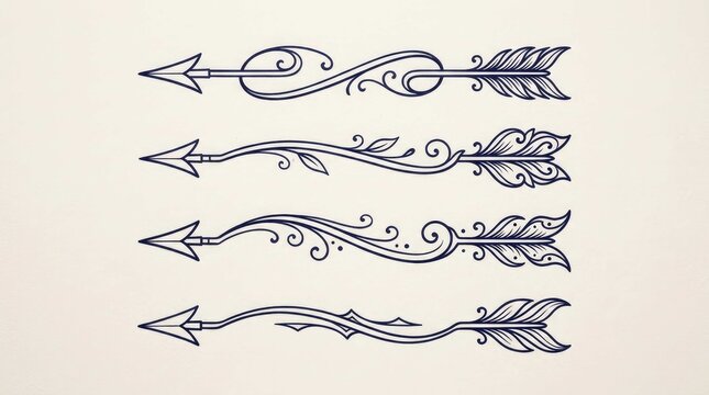 Four vintage style arrows with decorative feathers and detailed designs