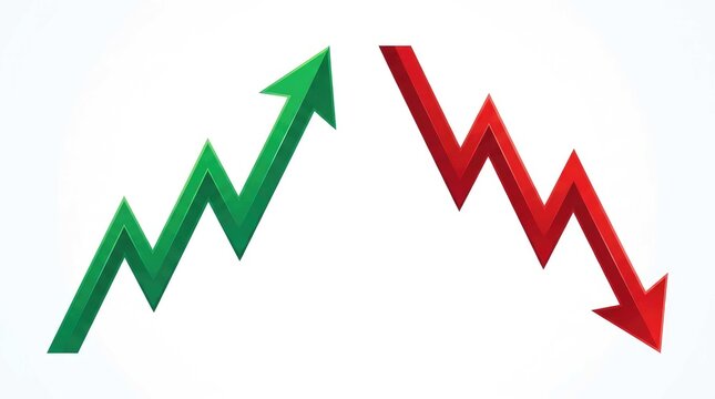Opposing financial trends represented by green upward and red downward arrows