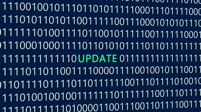 Update text or word with digital binary animation background, designed for an illustrative digital world technology concept representing software upgrades, system patch installations