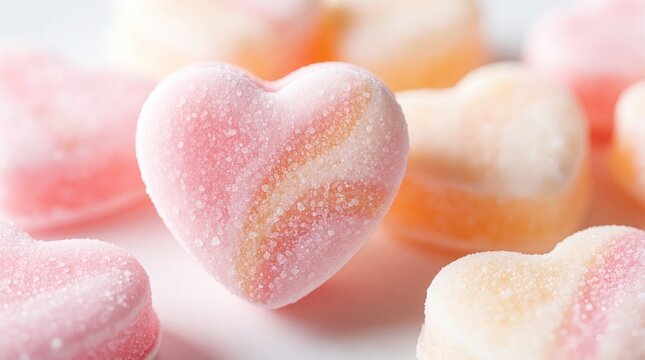 A close-up of a pink heart candy coated in sugar, with other blurred heart candies in pastel shades in background. Its soft texture and romantic shape.