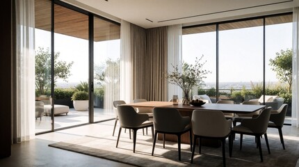 Obraz premium Modern dining room with large windows overlooking city view and balcony. Sleek furniture and bright natural light create an elegant living space.