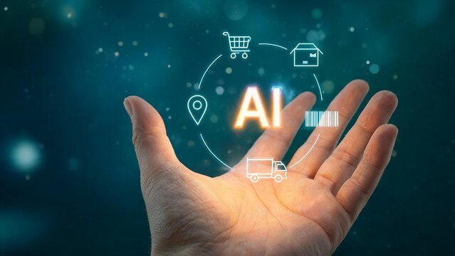 Hand holding glowing ai icon with shopping cart delivery truck location and barcode symbols for e commerce automation