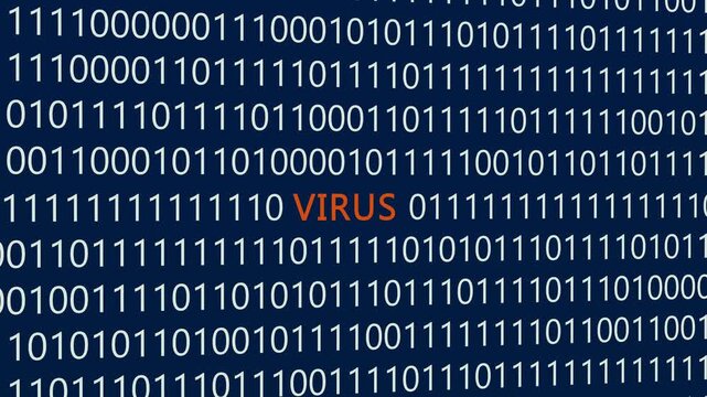 Virus text or word with digital binary animation background, designed for an illustrative digital world technology concept representing malicious code infection, system security threats