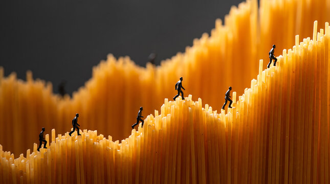 Miniature business people climbing pasta spaghetti sticks representing professional financial growth