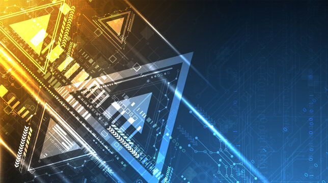 Abstract futuristic technology background with glowing geometric triangles and circuit board elements. Vector