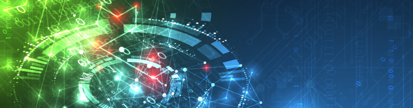 Abstract technology background with digital data network, glowing nodes and binary code. Vector