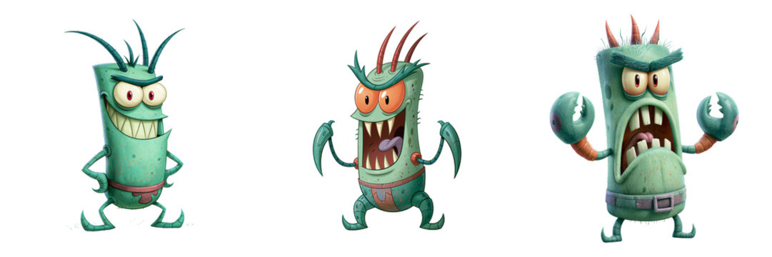 Set of Whimsical Cartoon Green Monster Character with Orange Eyes and Claws transparent PNG background. Ai generated