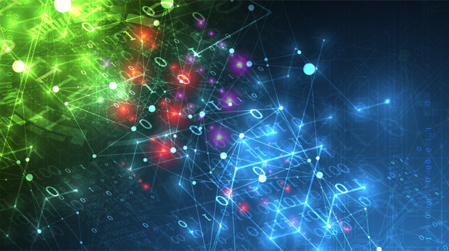 Abstract technology background with digital data network, glowing nodes and binary code. Vector