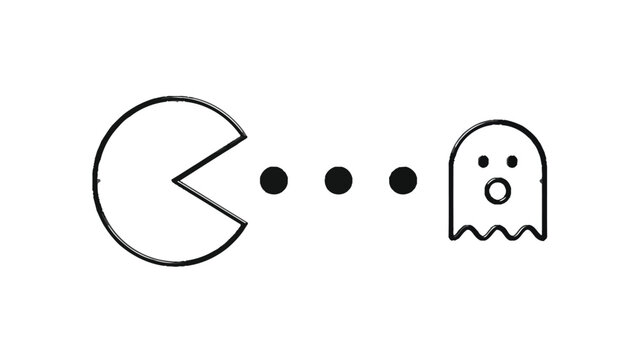 Pacman character chasing a scared ghost with black circular pellets on a clean white wall in a minimalist artistic style