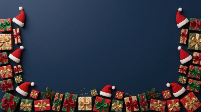 Festive christmas border made of gift boxes and santa hats on a dark blue background with copy space