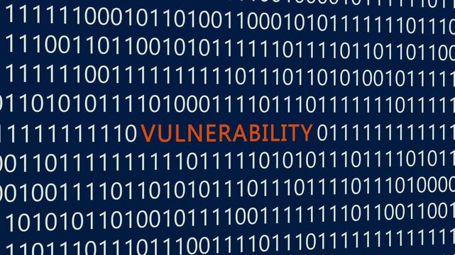 Vulnerability text or word with digital binary animation background, designed for an illustrative digital world technology concept representing security flaws, system weaknesses, and software exploit