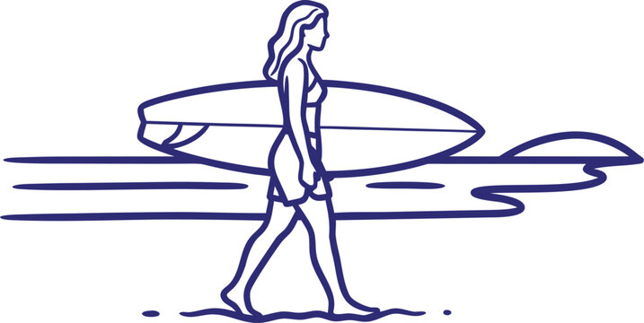 A minimalist line art illustration of a woman carrying a surfboard while walking along the sandy beach at sunset