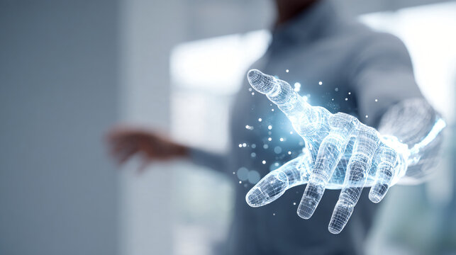 professional worker interacting with a subtle holographic artificial intelligence interface in a contemporary office, natural human posture, believable futuristic technology