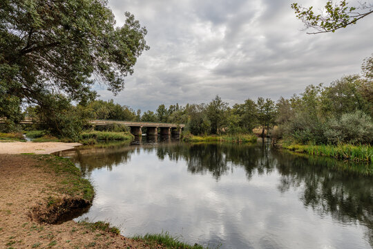 Bridge, Tera River, and M&oacute;zar Beach, Zamora, Spain.