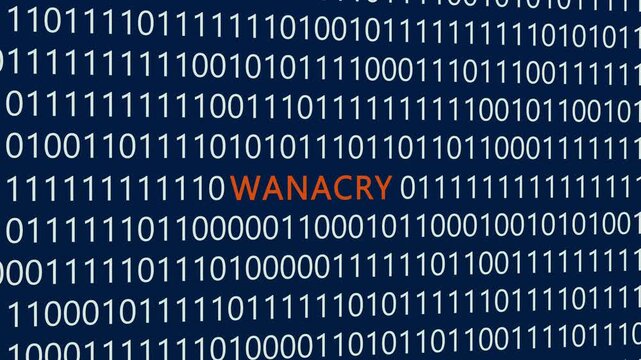 WannaCry text or word with digital binary animation background, designed for an illustrative digital world technology concept representing ransomware attacks, global cyber threats, and malicious