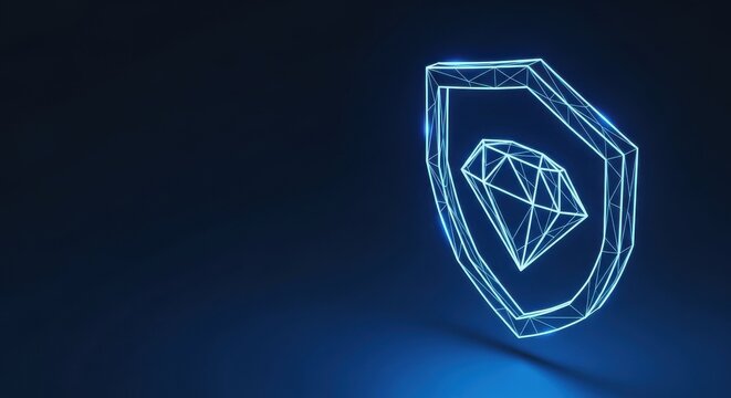 Digital Shield Protecting a Faceted Diamond in Futuristic Neon Outline