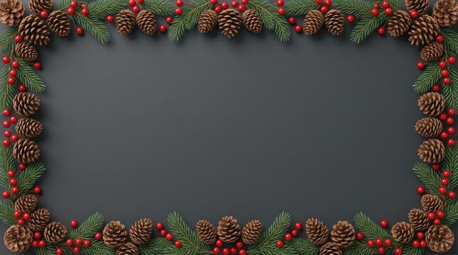 Festive christmas border made of pine cones and red berries framing a dark grey chalkboard background surface