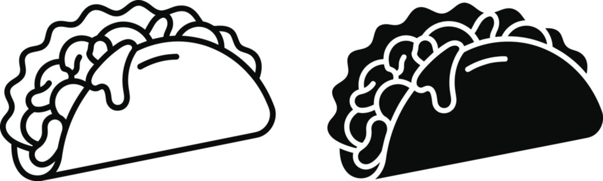 Two vector taco icons featuring outlined and solid silhouette styles for culinary graphic design projects