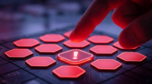 A finger poised to press a glowing red exclamation mark button on a futuristic control panel, symbolizing a system warning, error, or critical cybersecurity alert.
