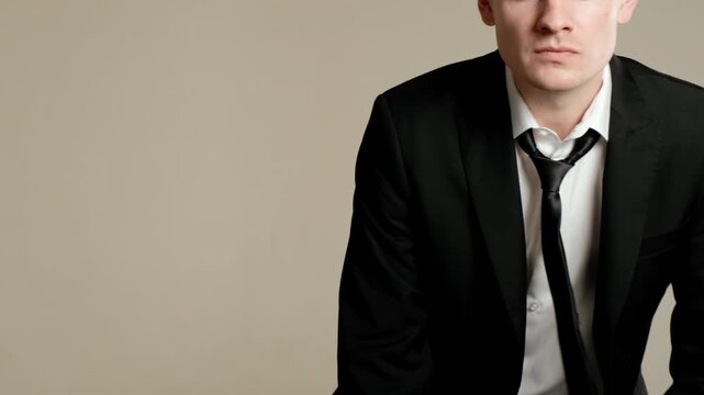 Young man in tailored black suit, white shirt, and loosened black tie walks forward, leans in, and repeatedly runs hand through tousled hair while maintaining focused, neutral expression