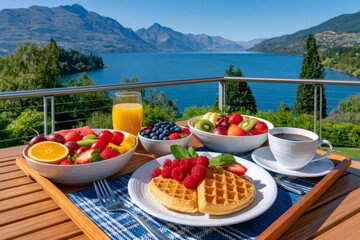 Obraz premium Breakfast with waffles and fruit overlooking Lake Wakatipu